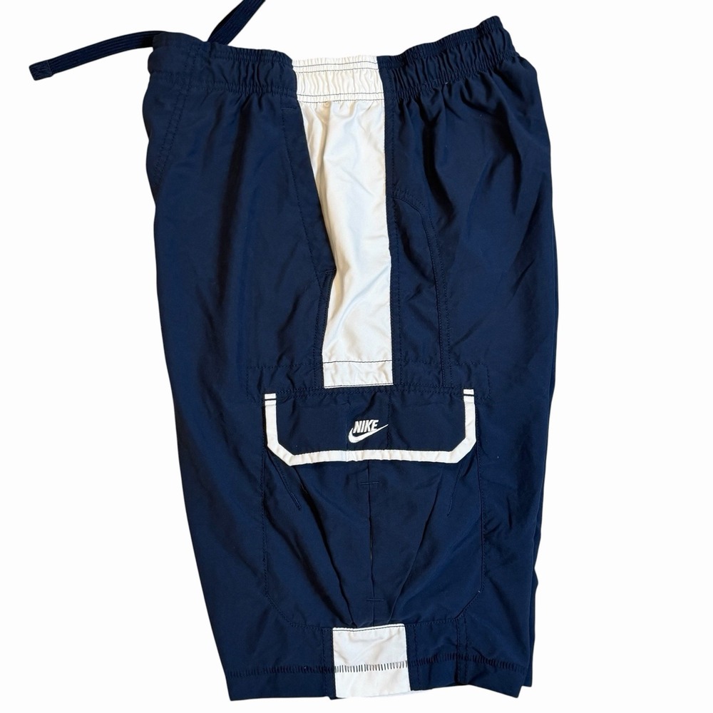 VTG Y2K Nike Cargo Shorts Size Medium White Trim Side Pockets Drawstring Logo